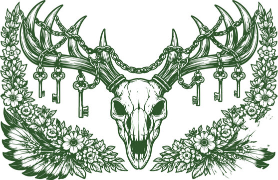 Dark Stag Skull Antler Key Floral illustration