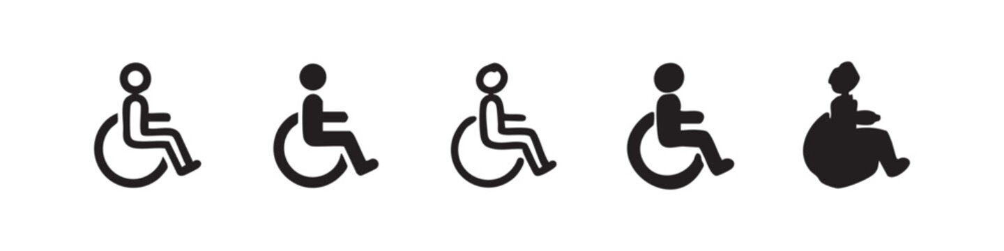 Wheelchair disability access icons set in various outline, glyph, and hand-drawn styles for accessibility symbols.