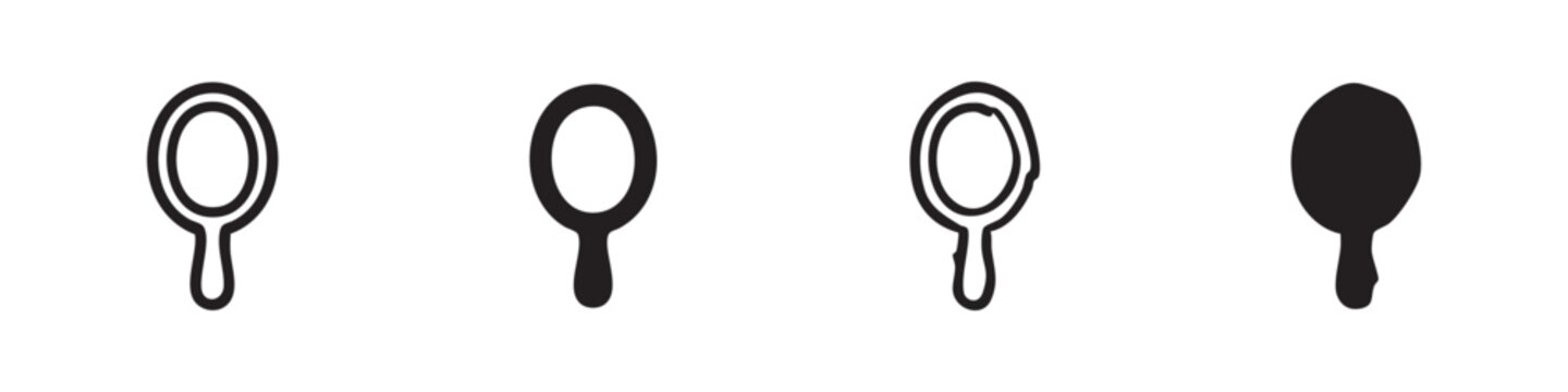 Hand mirror icons set for beauty and reflection in outline, glyph, and hand-drawn styles for cosmetic applications.