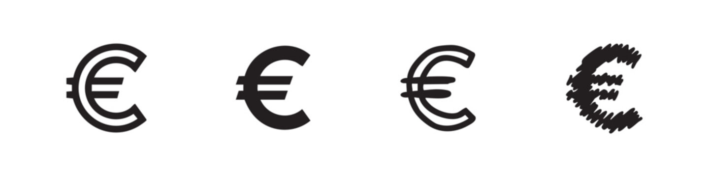 Euro currency symbol icons set. European money and finance sign in various styles.