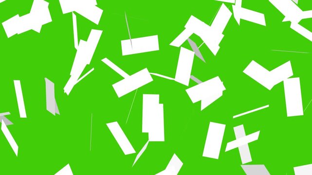 White blank paper falling animation on green screen background. Paper sheet flying through air 4k footage. Sheets documents falling over green screen. Page sheet of paper is falling like a storm.