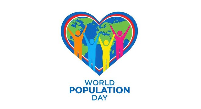 World population day concept design with colorful human figures and globe inside a heart shape