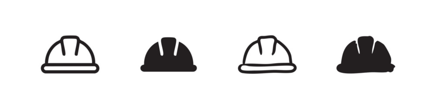 Hard hat icon set. Safety helmet symbol for construction and protection in line and filled styles.