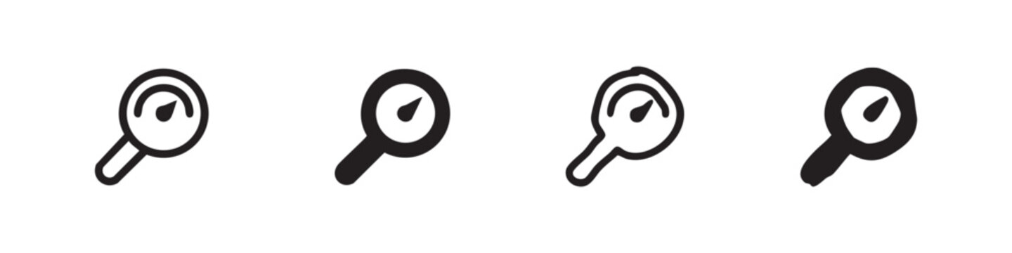 Pressure gauge icon set. Speedometer, measurement, and performance symbol in line and filled styles.