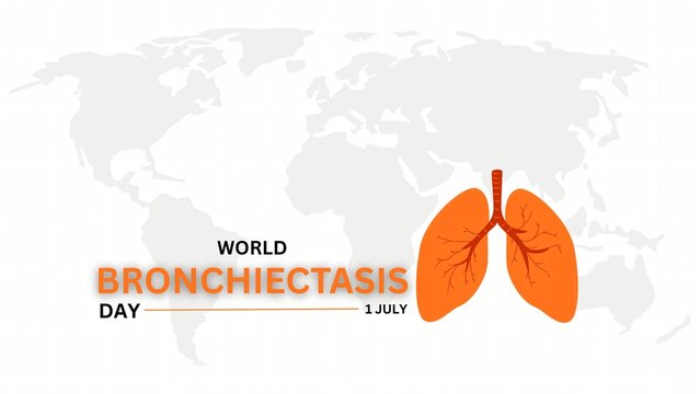A clean medical illustration for World Bronchiectasis Day featuring orange lungs and a world map, designed to promote respiratory disease awareness and pulmonary health on July 1st.