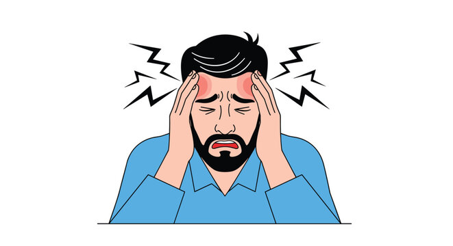 Man suffering from severe migraine or cluster headache holding his head in distress with stylized lightning bolt effects.