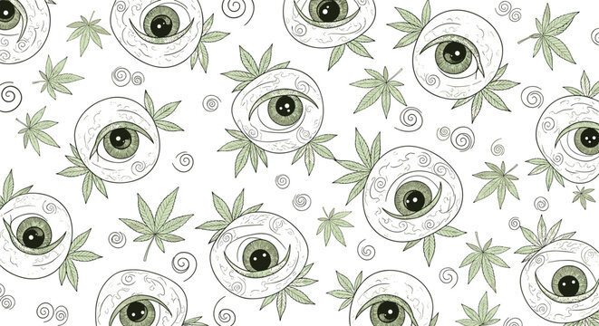 Psychedelic seamless pattern with floating eyeballs and green cannabis leaves on a white background for a trippy visual.