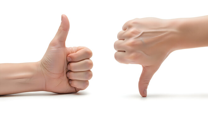 Thumbs Up vs Thumbs Down Hand Gesture Isolated on White Background &ndash; Approval and Disapproval Concept