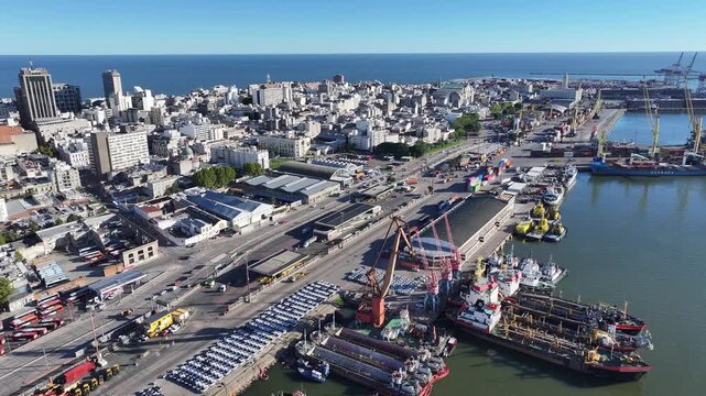 Port Of Montevideo At Montevideo In Maldonado Uruguay. Freight Ship. Maritime Transport. Port Of Montevideo At Uruguay. Exchange Landscape. Trade Market Scenery.