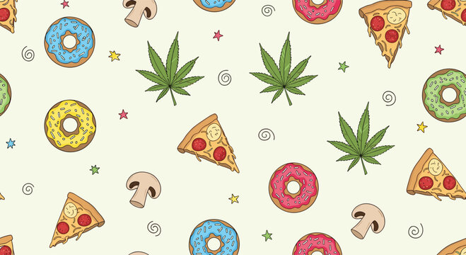Seamless pattern features an eclectic mix of pizza slices, glazed donuts, mushrooms, and green cannabis leaves on light green.