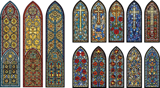 Colorful Gothic Cathedral Stained Glass Window Collection with Cross Floral Mosaic Religious Architecture Design Vector Illustration Set