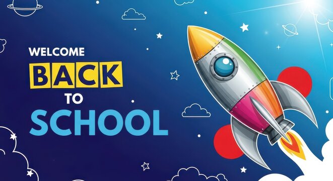 Back to school banner design with a colorful rocket ship flying in the starry space background