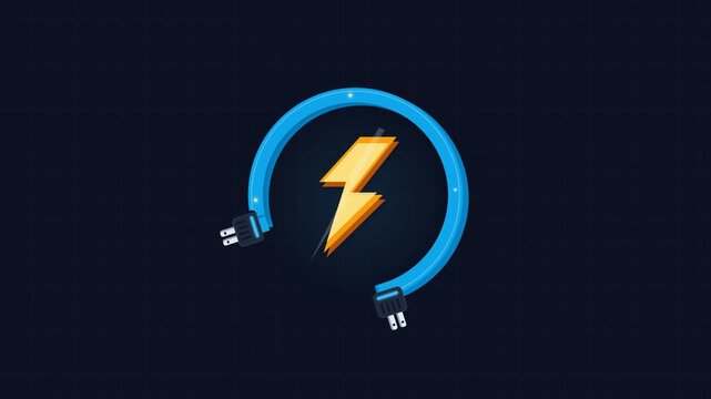 Abstract Energy Charging Concept Animation with Lightning Bolt Icon and Blue Power Cord on Dark Background