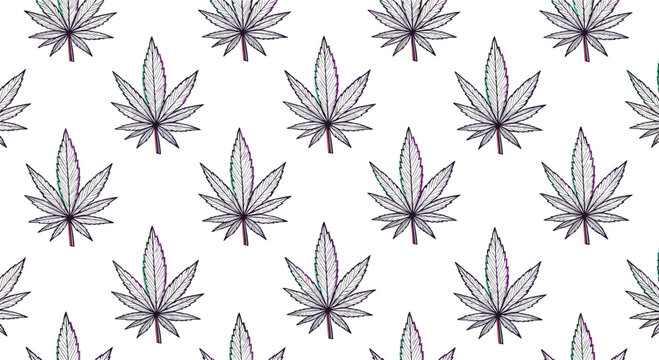 Seamless pattern featuring stylized cannabis leaves with a dotted texture arranged in a neat grid on a clean white background.
