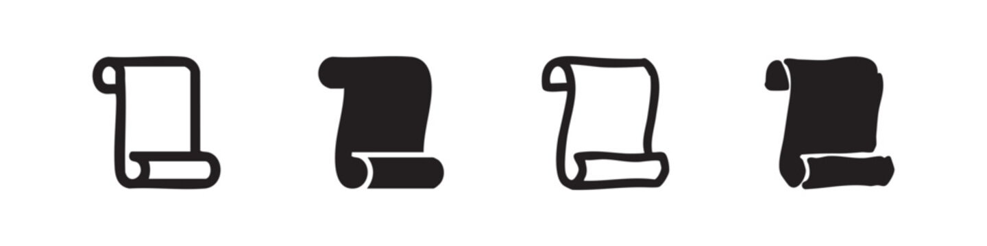Set of four scroll icons, outlined and solid fill, black on white background