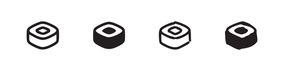 Set of four simple sushi icons, black outline and solid fill on white background © liubomir118809