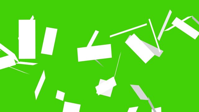White blank paper falling animation on green screen background. Paper sheet flying through air 4k footage. Sheets documents falling over green screen. Page sheet of paper is falling like a storm.
