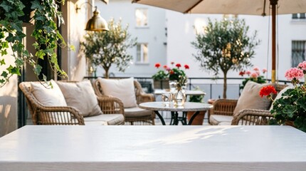 Fototapeta premium Cozy Outdoor Café Terrace with Wicker Furniture and Greenery for Lifestyle Design
