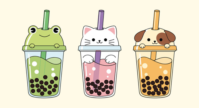 Cute animal character boba bubble tea illustration set
