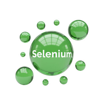 Vibrant emerald green glossy spheres of various sizes with the word selenium written on the central bubble against a white studio backdrop, modern design concept