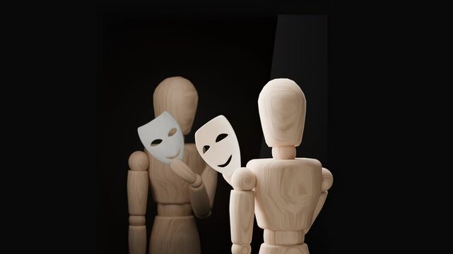 Wooden mannequin with mask and empty head with rotating symbol. Concept of money, questions, meaning, value and modern life pressure.