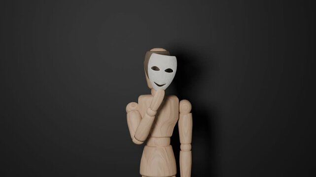 Wooden mannequin with mask exploring identity, emotions and inner emptiness. Conceptual minimal 3D animation about psychology, hidden feelings, stress and self perception.