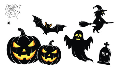 Fototapeta premium Halloween silhouettes pumpkins bats witch ghost spiderweb and tombstone