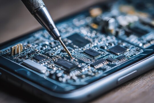 Technician repairing smartphone circuit with tweezers