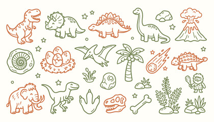 Playful prehistoric dinosaur doodles in minimalist outline style for creative kids graphics © Ghaghah24