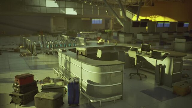 empty checkin island with luggage and stacked trolleys under warm yellow lighting, monitors displaying flight info, tile floor reflecting glow, quiet terminal