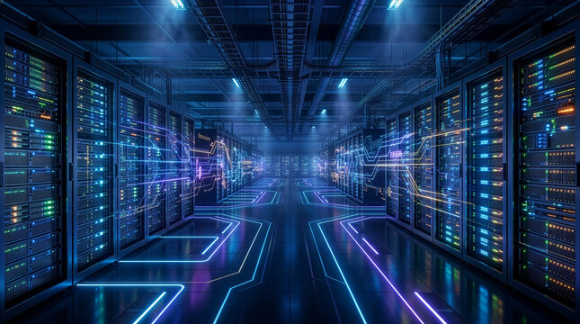 Futuristic Data Architecture Corridor Concept with Glowing Blue Lines and Digital Information Flow