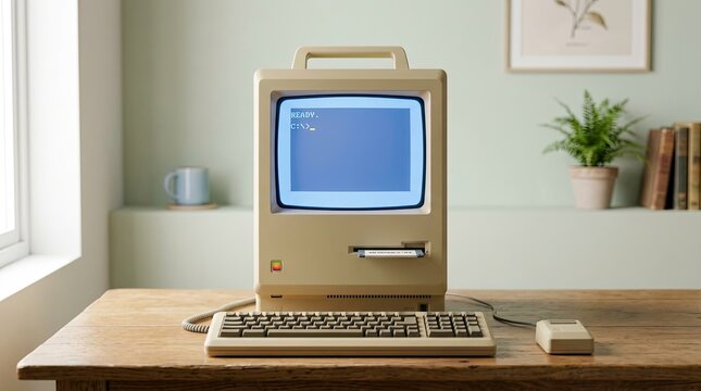 Vintage Macintosh computer on a wooden desk, retro technology, nostalgic scene.
