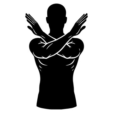 Black silhouette of a muscular male figure with crossed arms making an X sign. Vector contour illustration of a stop, rejection, or defense gesture.