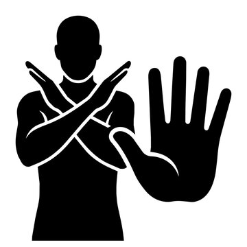 Black silhouette of a muscular man with crossed arms and a large raised palm in the foreground. Vector contour illustration of an absolute stop and rejection gesture.