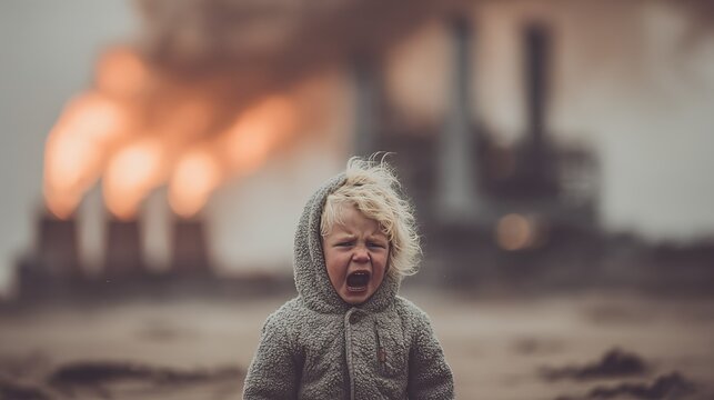 Upset Blond Toddler Crying Loudly on Windy Overcast Coastal Beach, Wearing Gray Fleece Hooded Jacket