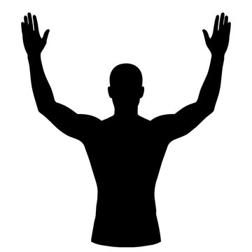 Black silhouette of a male figure with both arms raised. Vector illustration of a man showing hands up in victory or surrender.