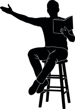 Vector silhouette of a young man sitting on a wooden stool reading an open book and gesturing with one hand.