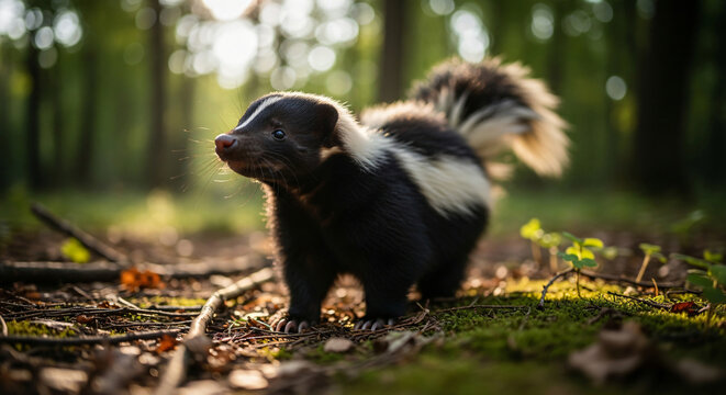 Skunk standing in forest with raised tail