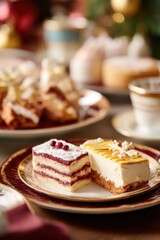Fototapeta premium Two pieces of cake on plate for Christmas celebration. Berry layered slice and creamy dessert decorated with snowflake topper. Traditional festive sweets, pastry and holiday treat.