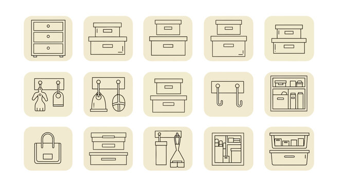 Collection of Line Icons Representing Home Organization and Storage Solutions