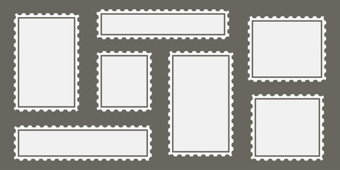 Obraz premium Collection of white blank postage stamp templates on gray background for mockup and design purposes