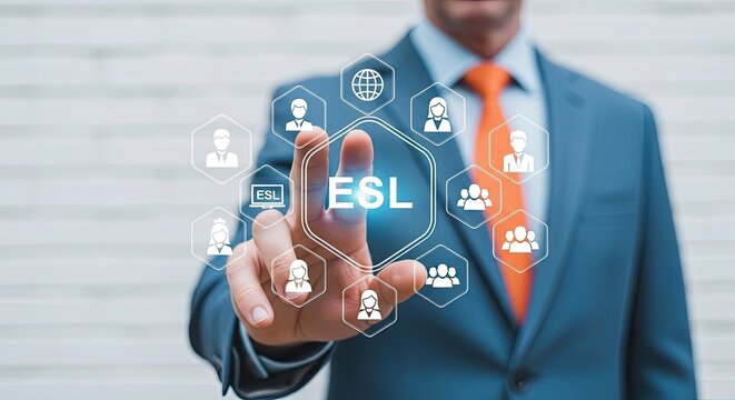 A professional man in a blue suit and orange tie touches a virtual digital interface displaying the acronym ESL surrounded by diverse networking icons on white.
