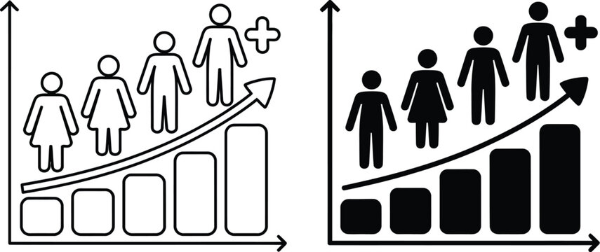 Population growth chart icons featuring people silhouettes and rising arrows representing demographic increase social development and human resource statistics data.