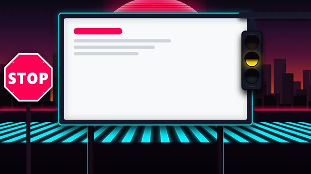 Retro Synthwave City Street with Blank Digital Billboard Stop Sign and Neon Crosswalk for Advertising