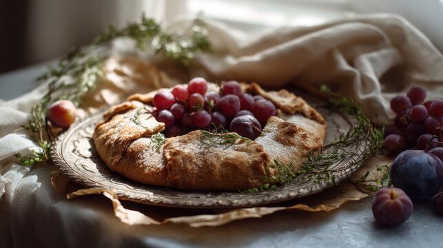 Galette with ripe grapes and herbs on a vintage metal plate. Homemade fruit tart pastry for dessert. Rustic autumn food photography with natural light and dark mood atmosphere.