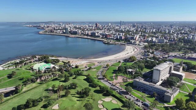Montevideo Skyline In Maldonado Uruguay. Coastal City Landscape. Nature Seascape. Travel Destination. Montevideo Skyline At Montevideo In Maldonado Uruguay. Highrise Buildings.