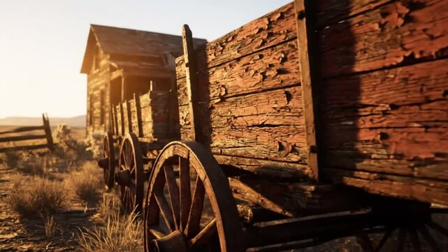 Weathered wooden wagon and abandoned house in a desolate desert landscape at sunrise with golden light and dry grass.