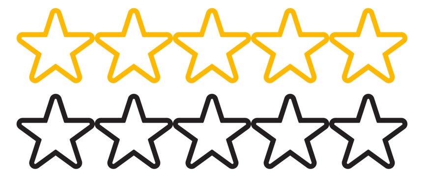 Star rating icon set with outline and yellow highlight review stars comparison feedback ui elements vector