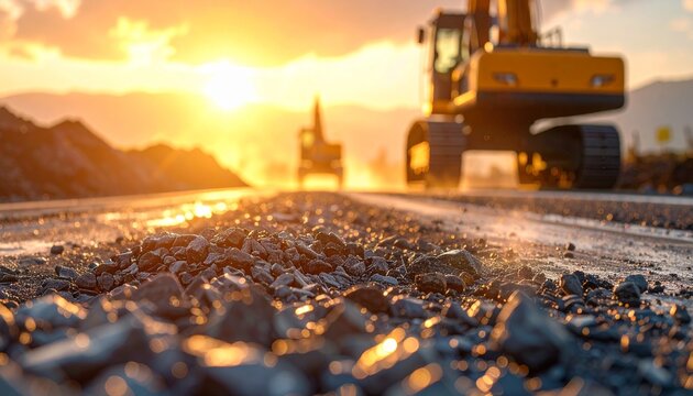 Construction workers operate heavy machinery on a road at sunset