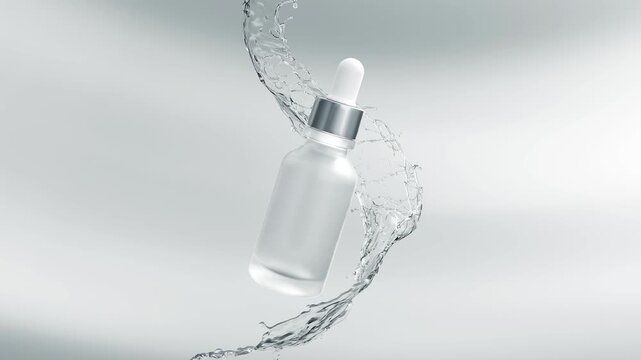 Elegant frosted glass serum bottle with a dropper surrounded by a dynamic, crystal-clear water splash. This high-quality animation is perfect for advertising hydrating cosmetics, hyaluronic acid, and 